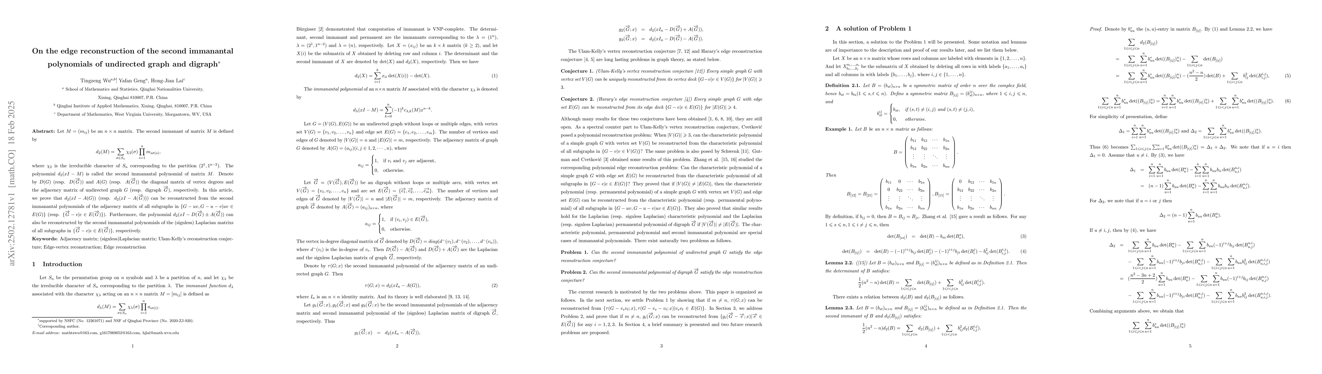 Thumbnail for On the edge reconstruction of the second immanantal polynomials of
  undirected graph and digraph