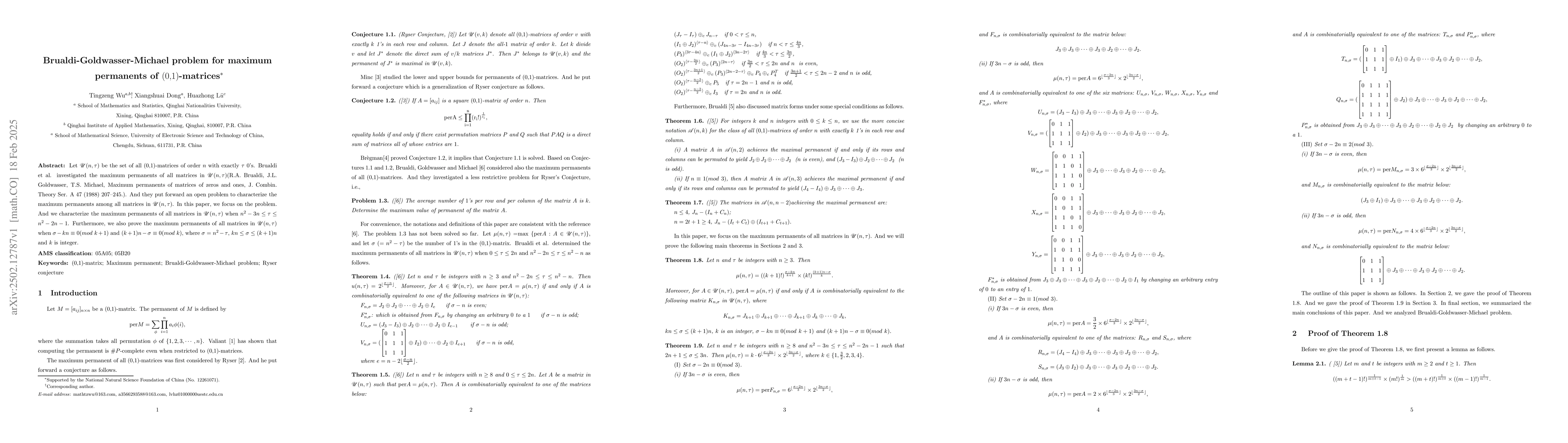 Thumbnail for Brualdi-Goldwasser-Michael problem for maximum permanents of
  {\rm(0,1)}-matrices