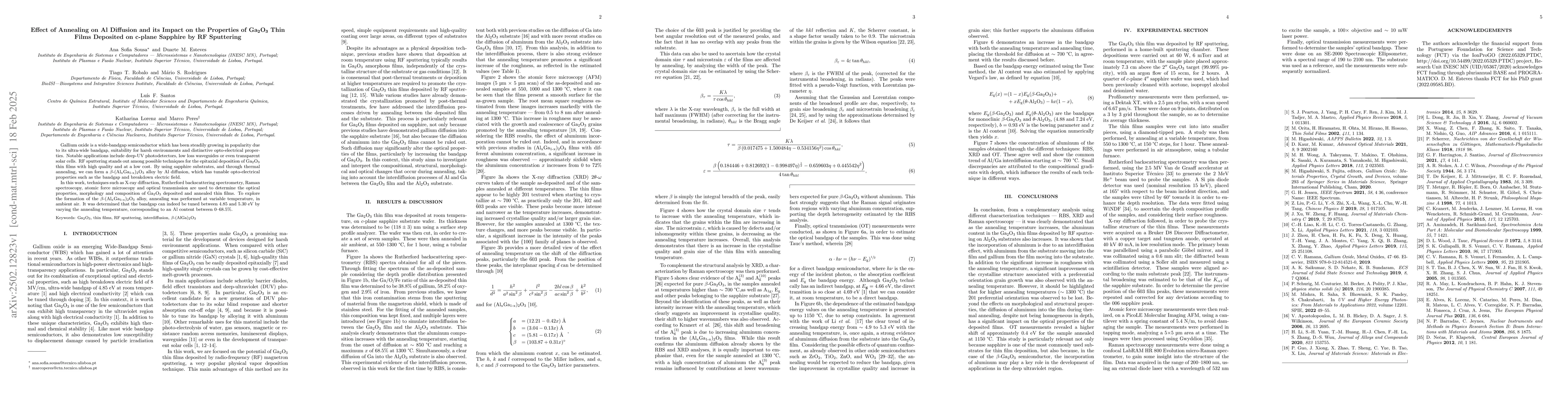 Thumbnail for Effect of Annealing on Al Diffusion and its Impact on the Properties of
  Ga$_2$O$_3$ Thin Films Deposited on c-plane Sapphire by RF Sputtering