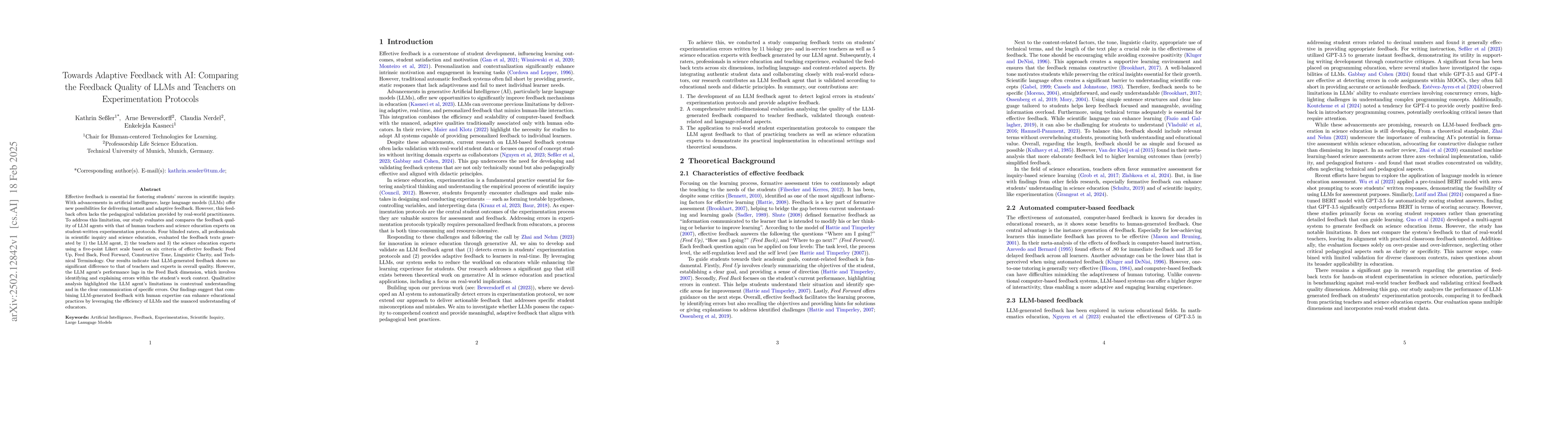 Thumbnail for Towards Adaptive Feedback with AI: Comparing the Feedback Quality of
  LLMs and Teachers on Experimentation Protocols