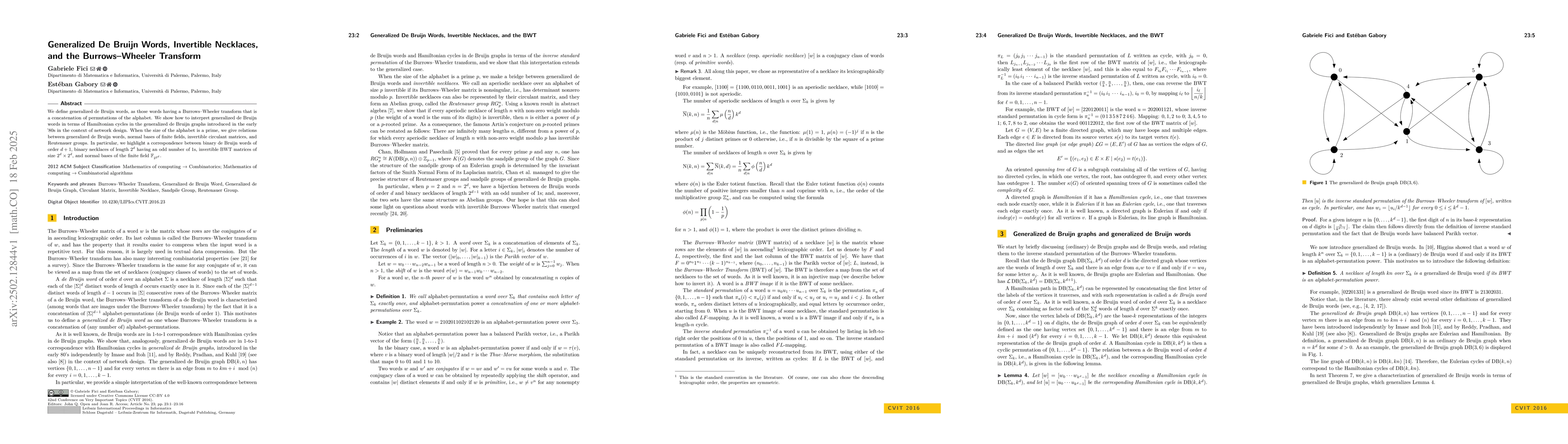 Thumbnail for Generalized De Bruijn Words, Invertible Necklaces, and the
  Burrows-Wheeler Transform