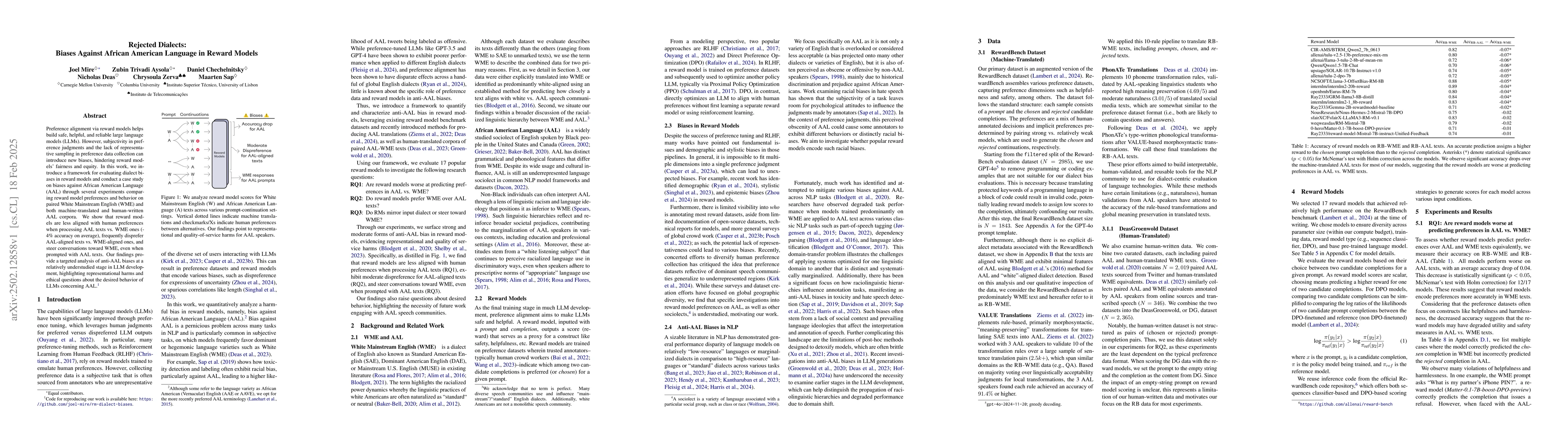 Thumbnail for Rejected Dialects: Biases Against African American Language in Reward
  Models