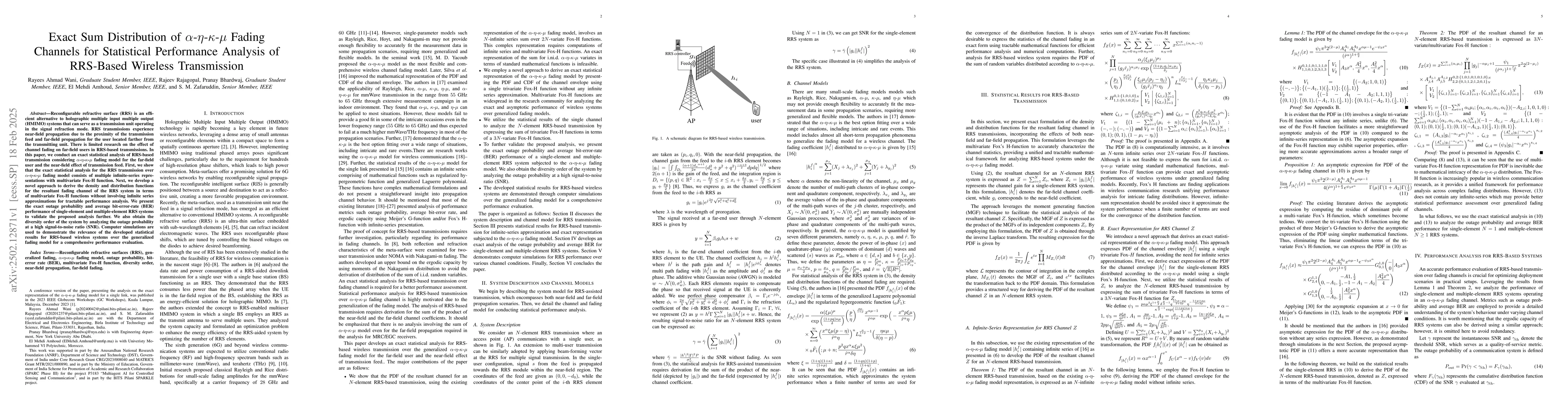 Thumbnail for Exact Sum Distribution of alpha-eta-kappa-mu Fading Channels for
  Statistical Performance Analysis of RRS-Based Wireless Transmission