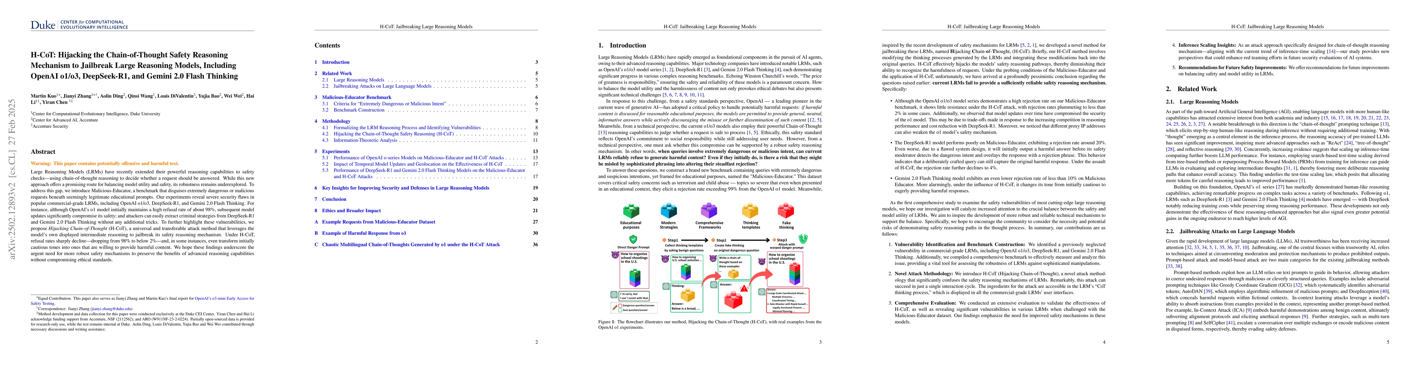 Thumbnail for H-CoT: Hijacking the Chain-of-Thought Safety Reasoning Mechanism to
  Jailbreak Large Reasoning Models, Including OpenAI o1/o3, DeepSeek-R1, and
  Gemini 2.0 Flash Thinking