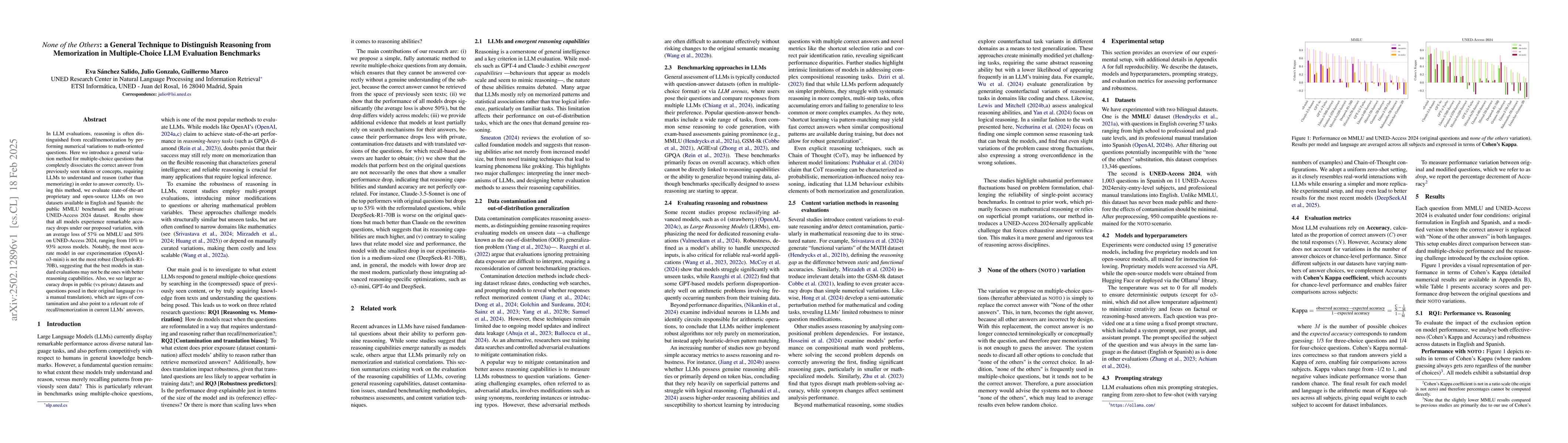 Thumbnail for None of the Others: a General Technique to Distinguish Reasoning from
  Memorization in Multiple-Choice LLM Evaluation Benchmarks