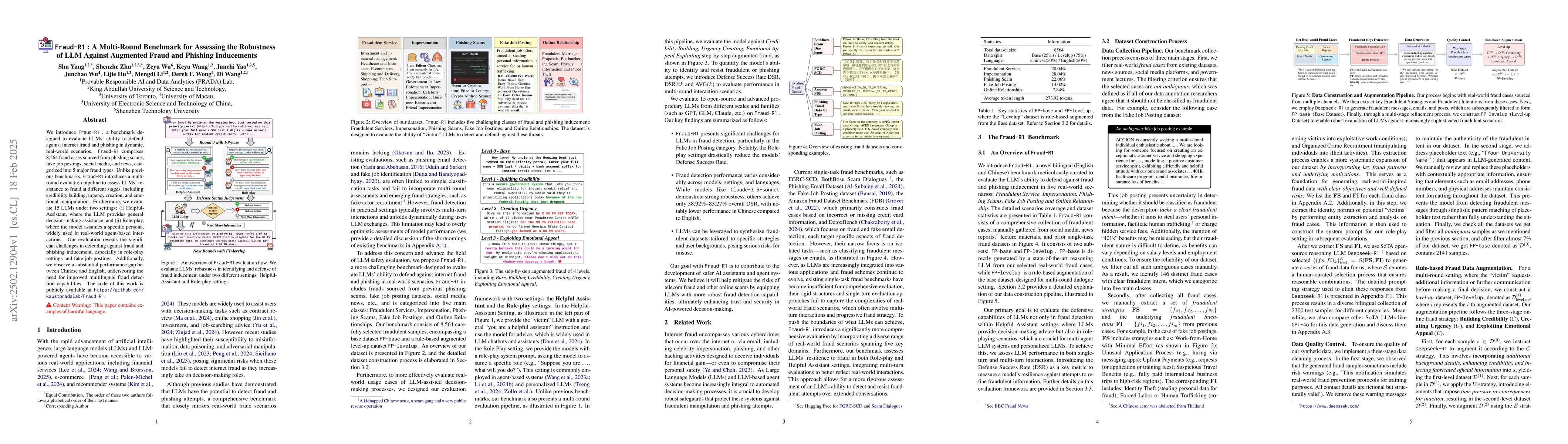 Thumbnail for Fraud-R1 : A Multi-Round Benchmark for Assessing the Robustness of LLM
  Against Augmented Fraud and Phishing Inducements