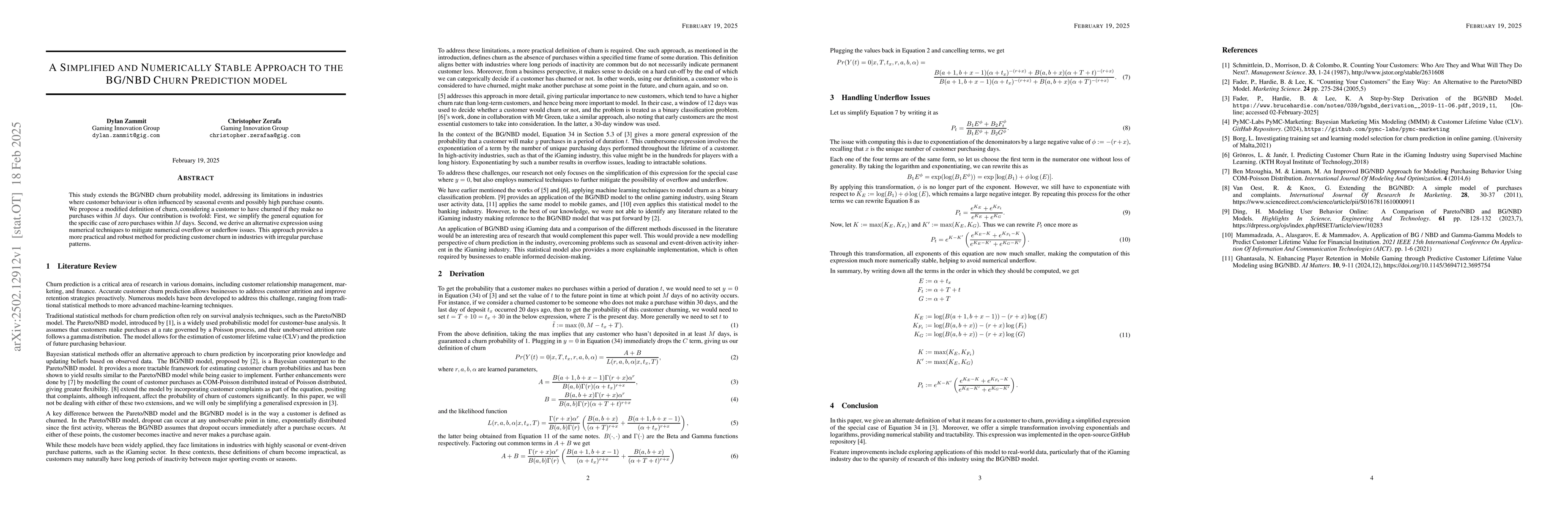 Thumbnail for A Simplified and Numerically Stable Approach to the BG/NBD Churn
  Prediction model
