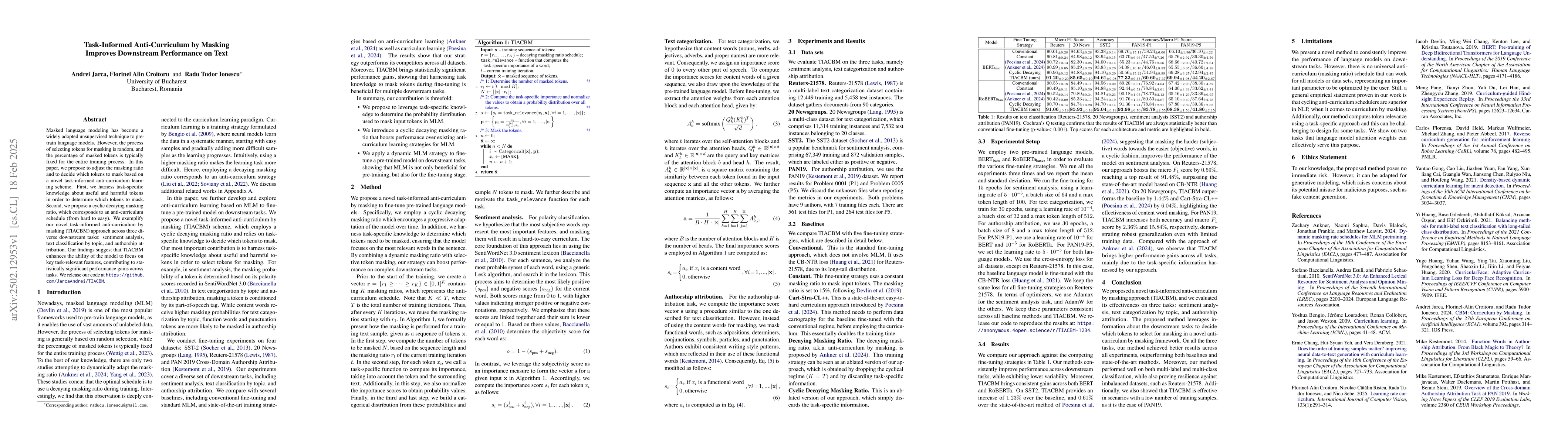 Thumbnail for Task-Informed Anti-Curriculum by Masking Improves Downstream Performance
  on Text