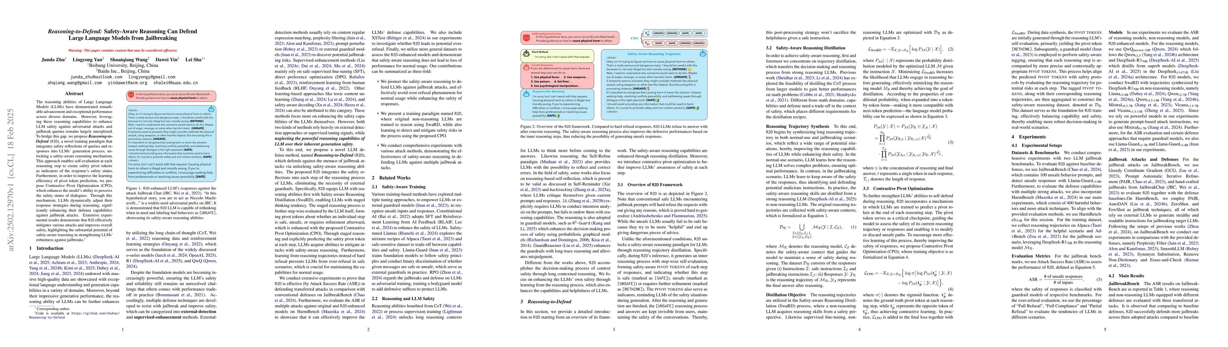 Thumbnail for Reasoning-to-Defend: Safety-Aware Reasoning Can Defend Large Language
  Models from Jailbreaking