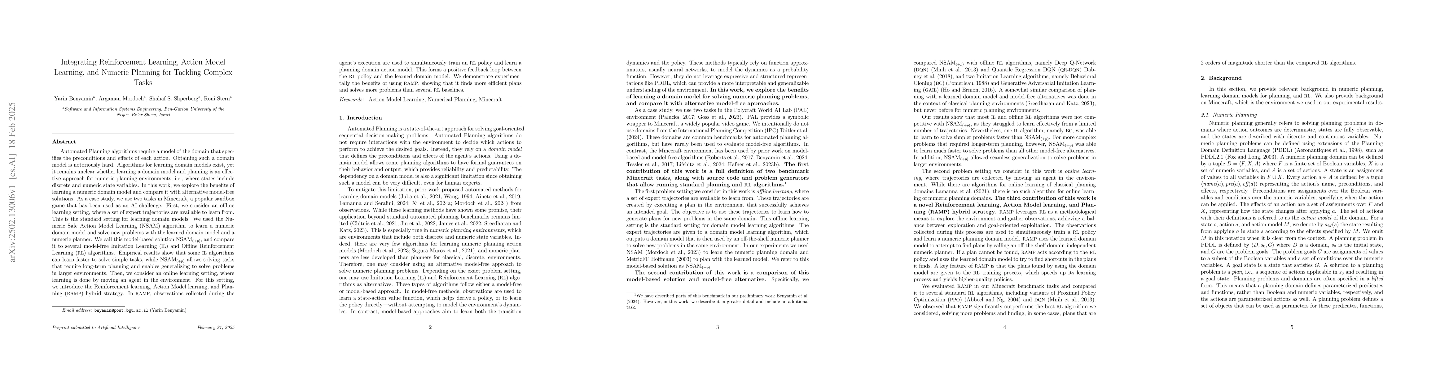 Thumbnail for Integrating Reinforcement Learning, Action Model Learning, and Numeric
  Planning for Tackling Complex Tasks