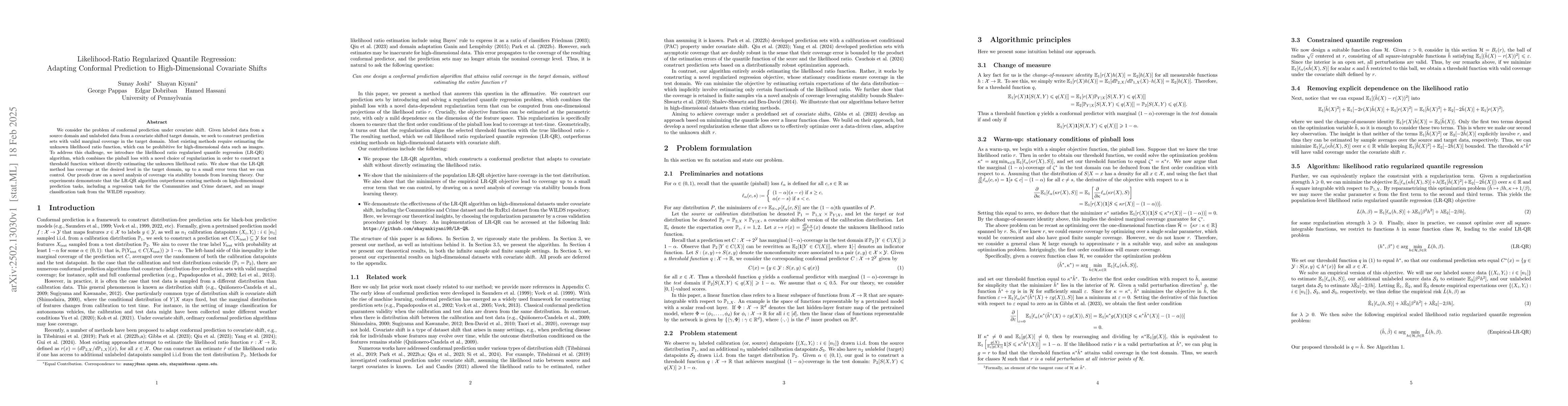 Thumbnail for Likelihood-Ratio Regularized Quantile Regression: Adapting Conformal
  Prediction to High-Dimensional Covariate Shifts