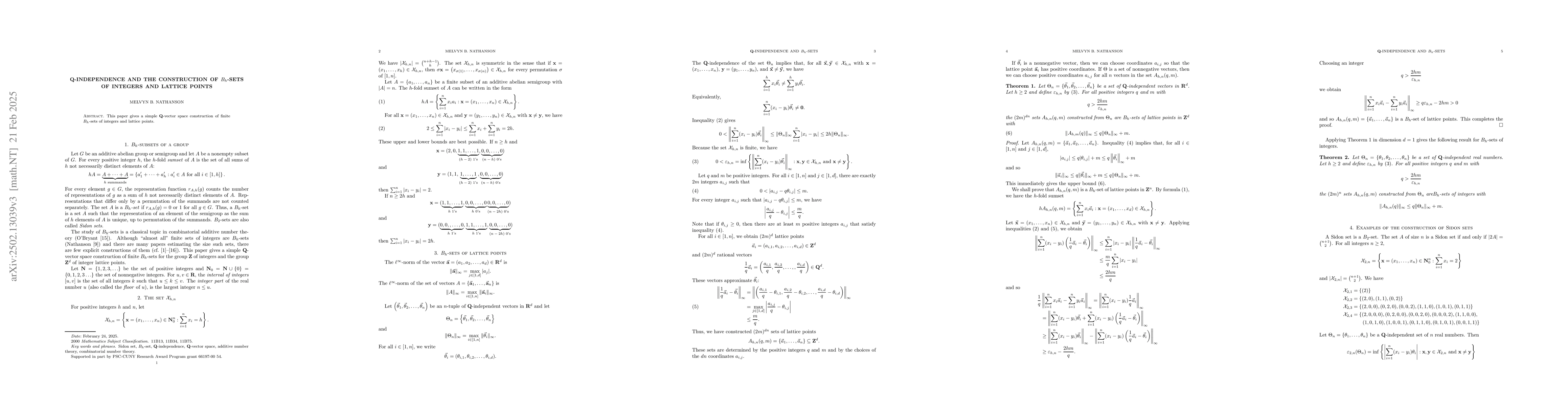 Thumbnail for ${\mathbf Q}$-independence and the construction of $B_h$-sets of
  integers and lattice points