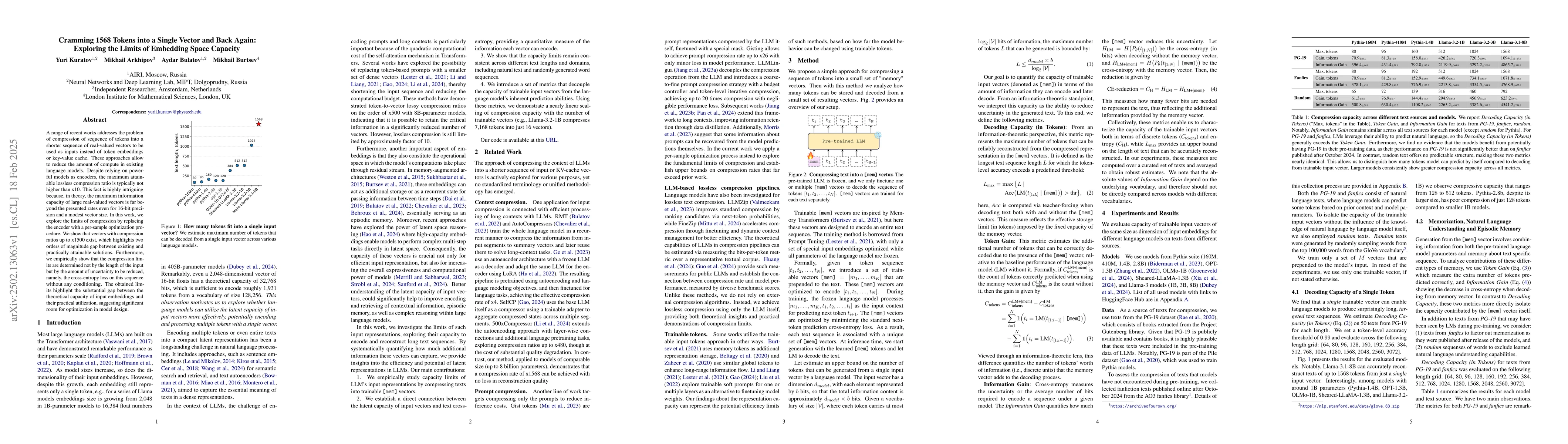 Thumbnail for Cramming 1568 Tokens into a Single Vector and Back Again: Exploring the
  Limits of Embedding Space Capacity