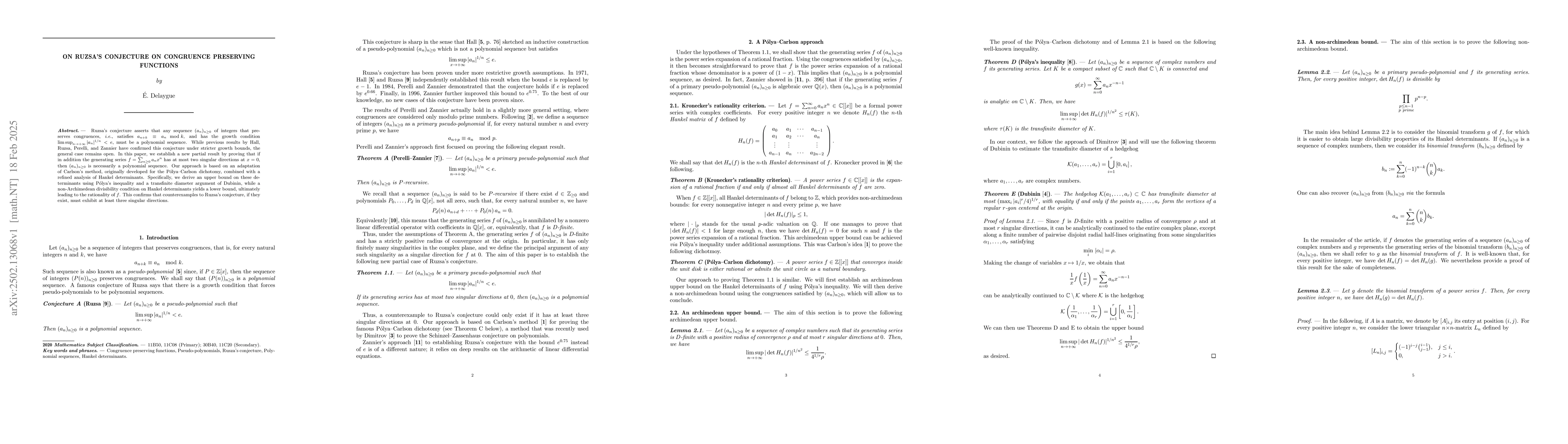 Thumbnail for On Ruzsa's conjecture on congruence preserving functions