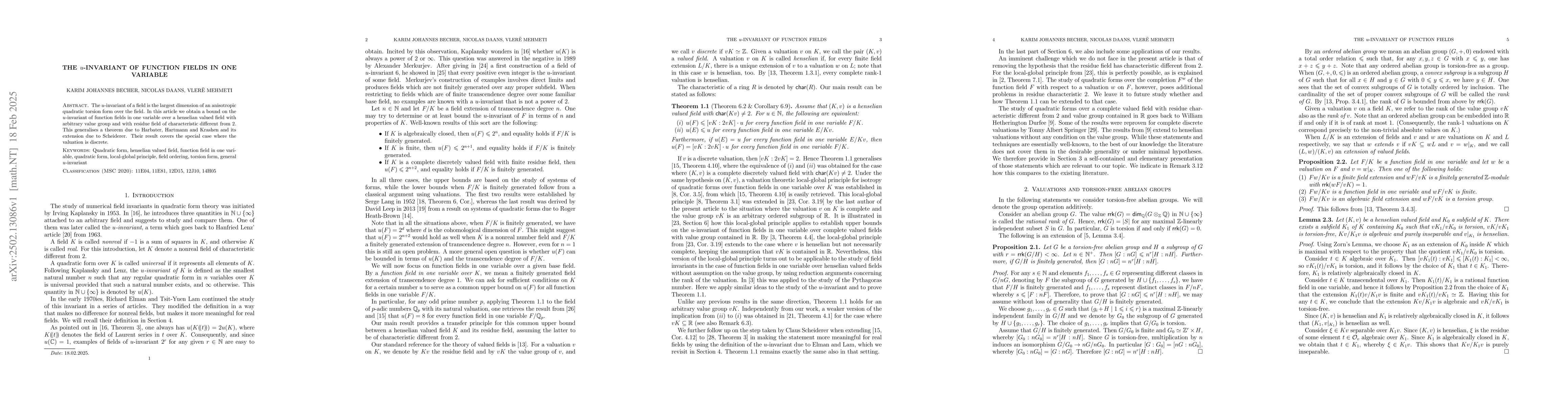 Thumbnail for The u-invariant of function fields in one variable