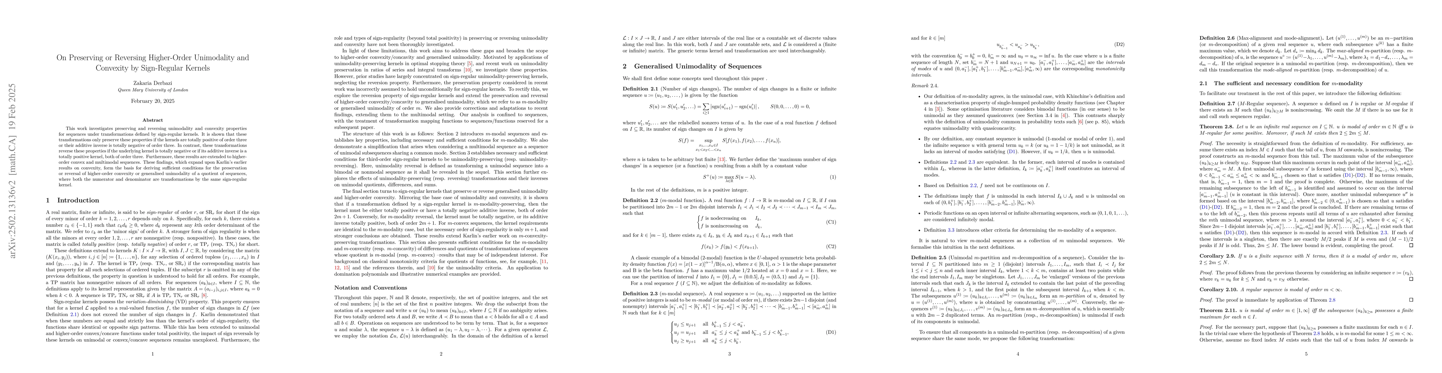 Thumbnail for On Preserving or Reversing Higher-Order Unimodality and Convexity by
  Sign-Regular Kernels