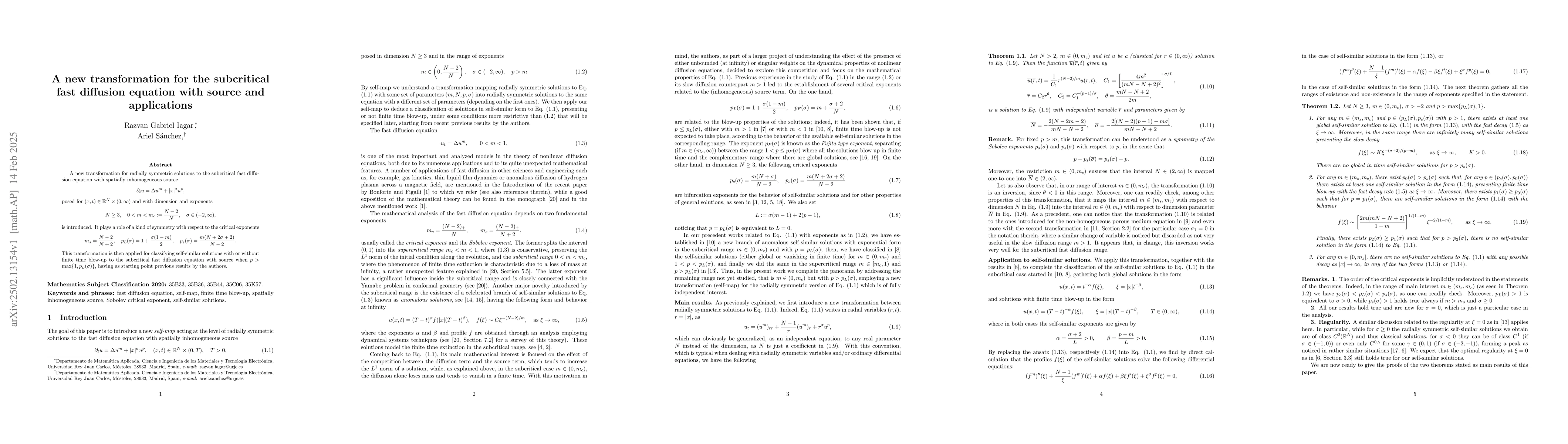 Thumbnail for A new transformation for the subcritical fast diffusion equation with
  source and applications