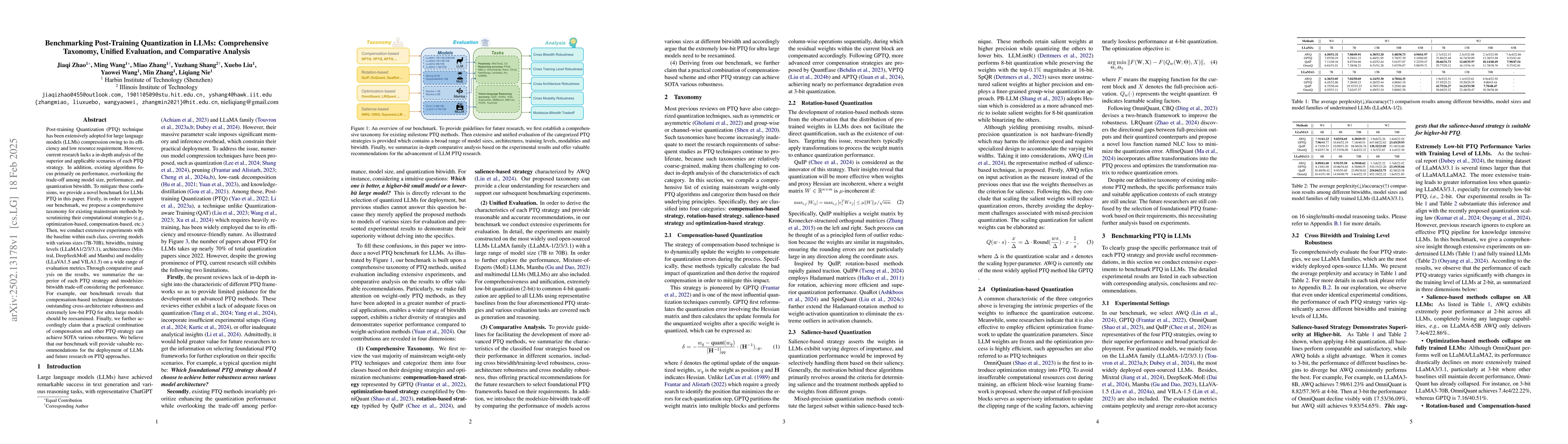 Thumbnail for Benchmarking Post-Training Quantization in LLMs: Comprehensive Taxonomy,
  Unified Evaluation, and Comparative Analysis