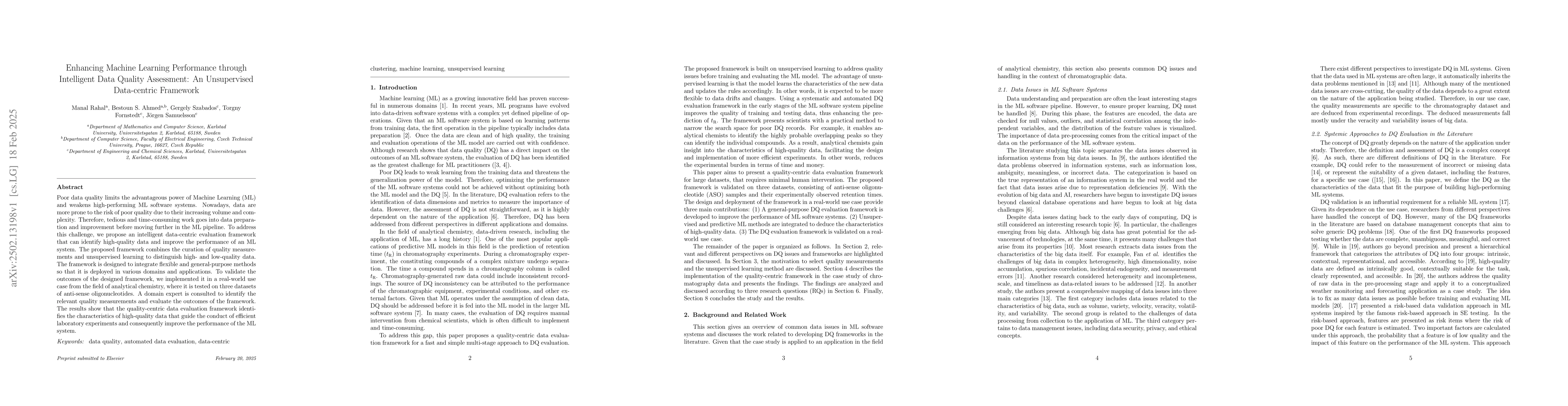 Thumbnail for Enhancing Machine Learning Performance through Intelligent Data Quality
  Assessment: An Unsupervised Data-centric Framework