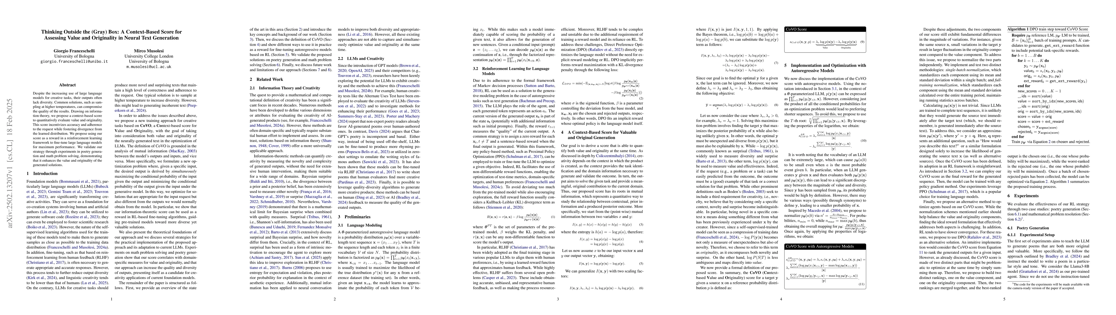 Thumbnail for Thinking Outside the (Gray) Box: A Context-Based Score for Assessing
  Value and Originality in Neural Text Generation