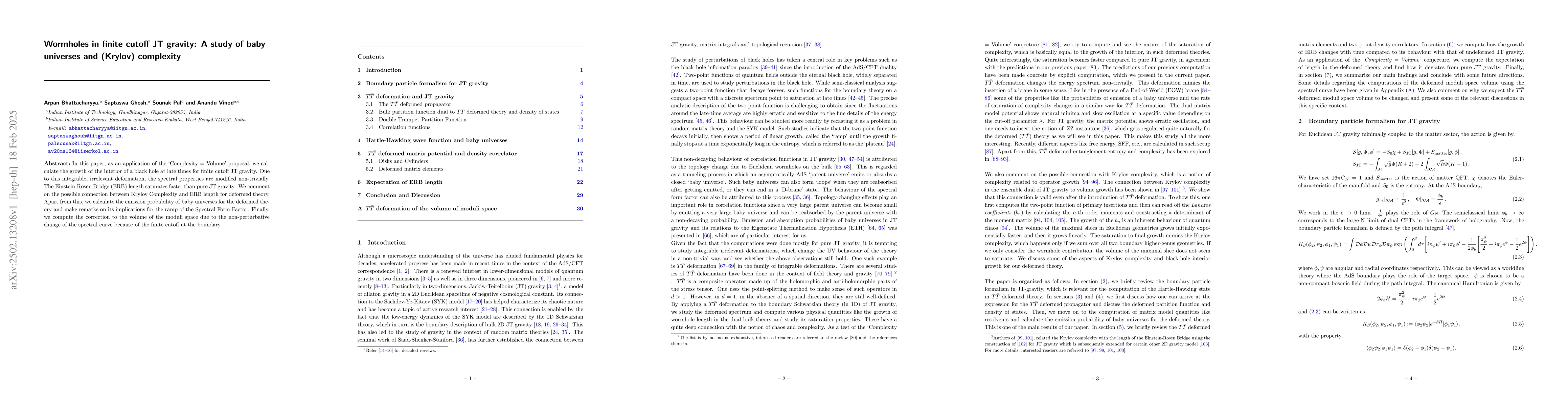 Thumbnail for Wormholes in finite cutoff JT gravity: A study of baby universes and
  (Krylov) complexity