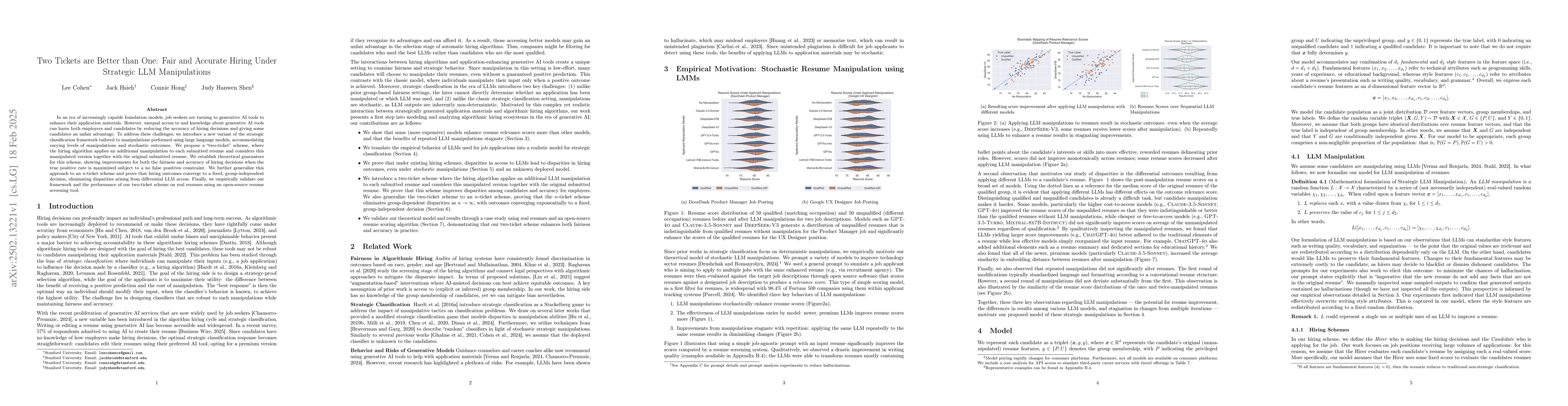 Thumbnail for Two Tickets are Better than One: Fair and Accurate Hiring Under
  Strategic LLM Manipulations