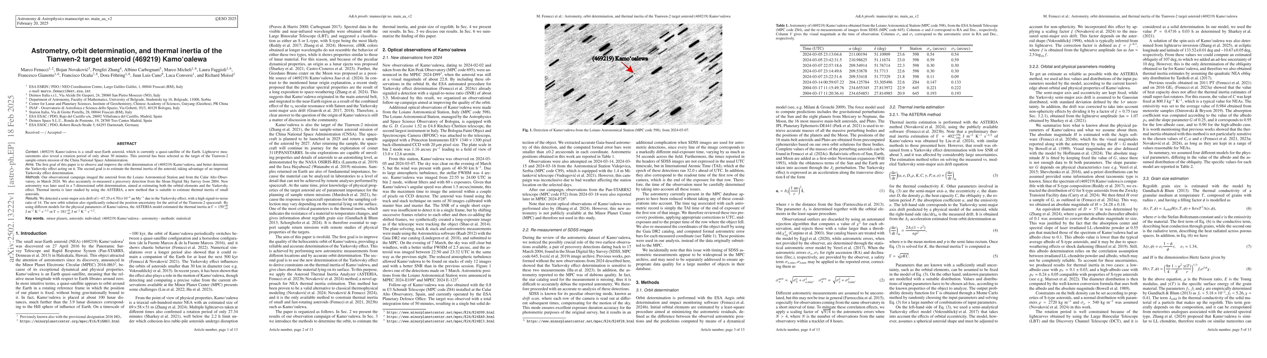 Thumbnail for Astrometry, orbit determination, and thermal inertia of the Tianwen-2
  target asteroid (469219) Kamo`oalewa