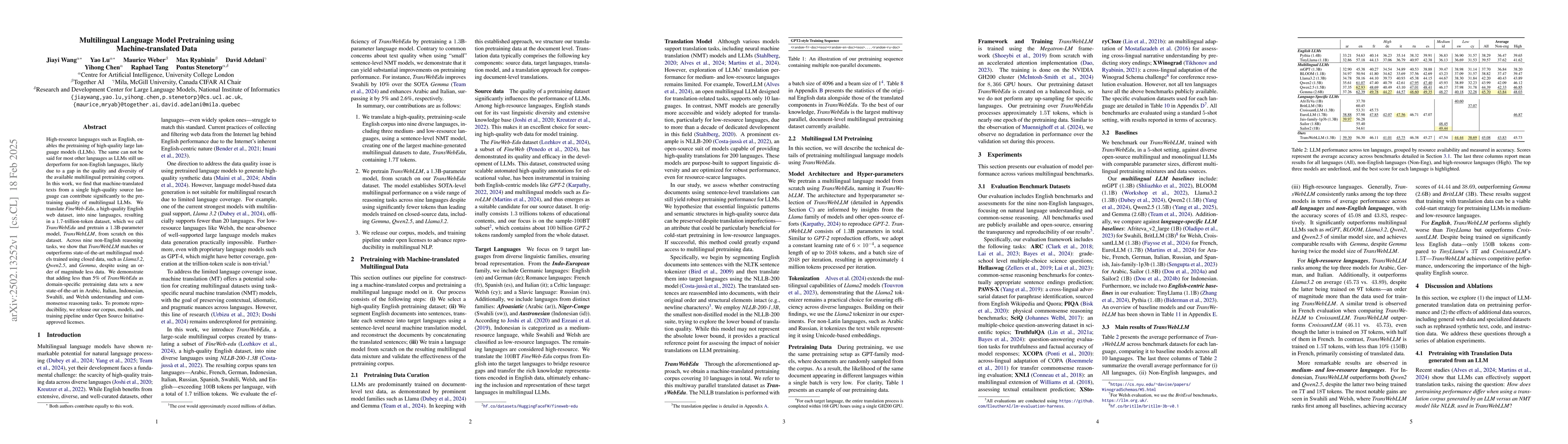 Thumbnail for Multilingual Language Model Pretraining using Machine-translated Data