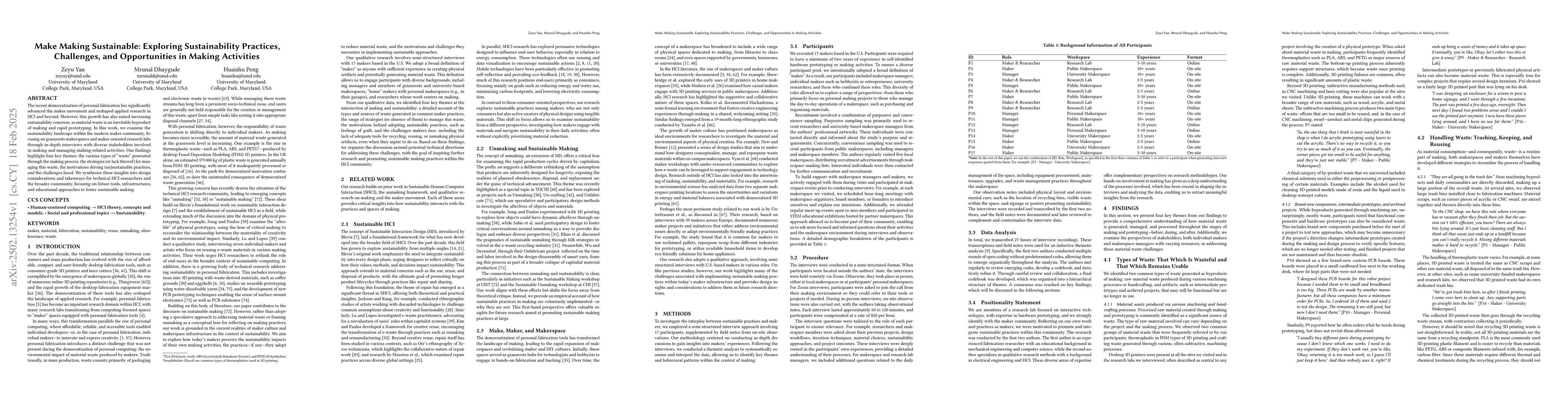 Thumbnail for Make Making Sustainable: Exploring Sustainability Practices, Challenges,
  and Opportunities in Making Activities