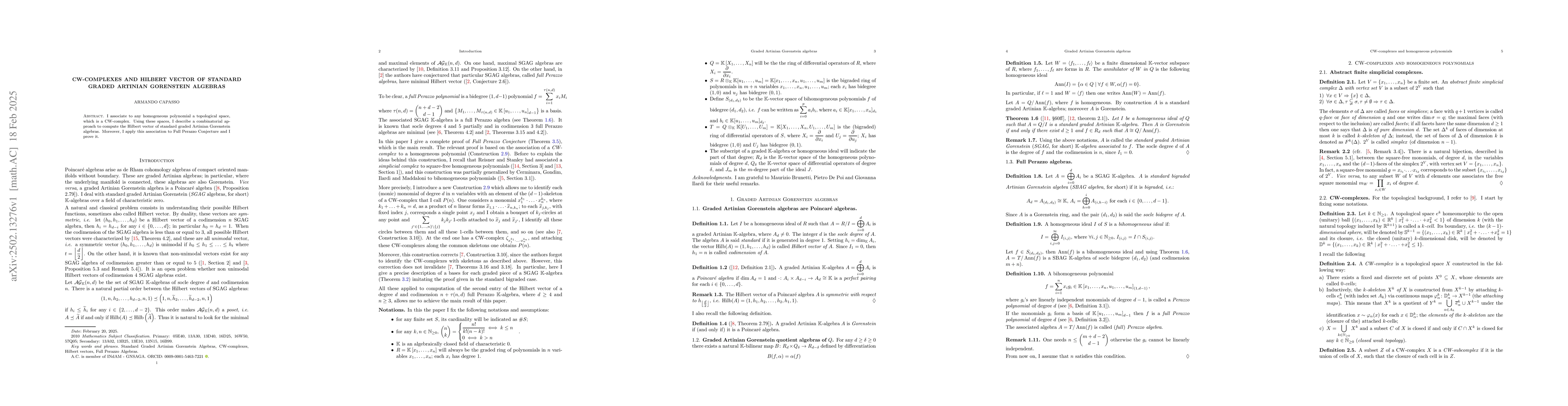 Thumbnail for CW-complexes and Hilbert vector of standard graded Artinian Gorenstein
  algebras