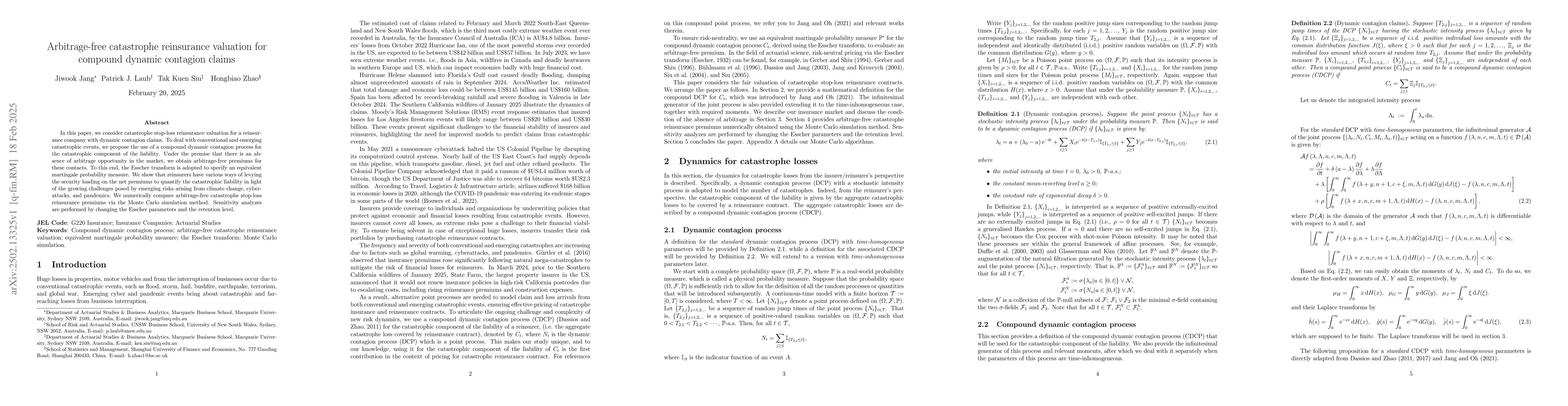 Thumbnail for Arbitrage-free catastrophe reinsurance valuation for compound dynamic
  contagion claims