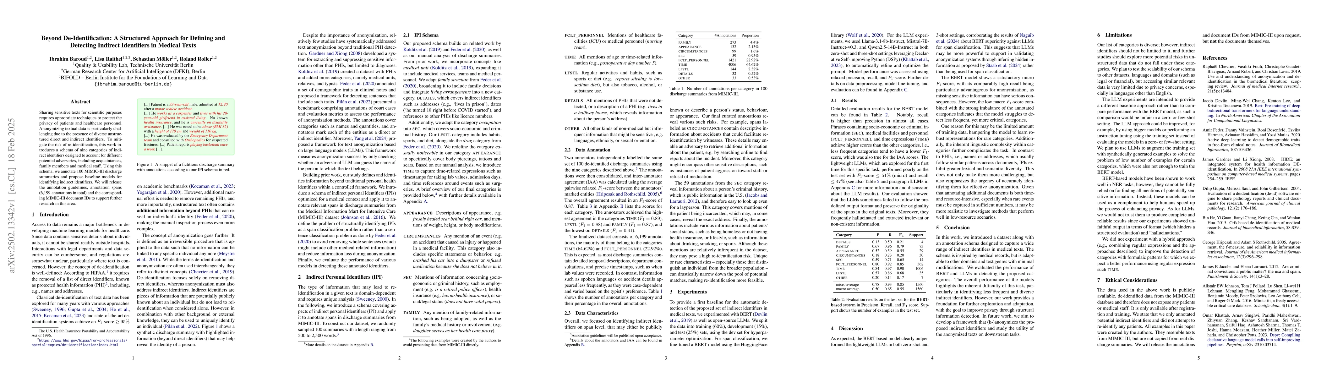 Thumbnail for Beyond De-Identification: A Structured Approach for Defining and
  Detecting Indirect Identifiers in Medical Texts