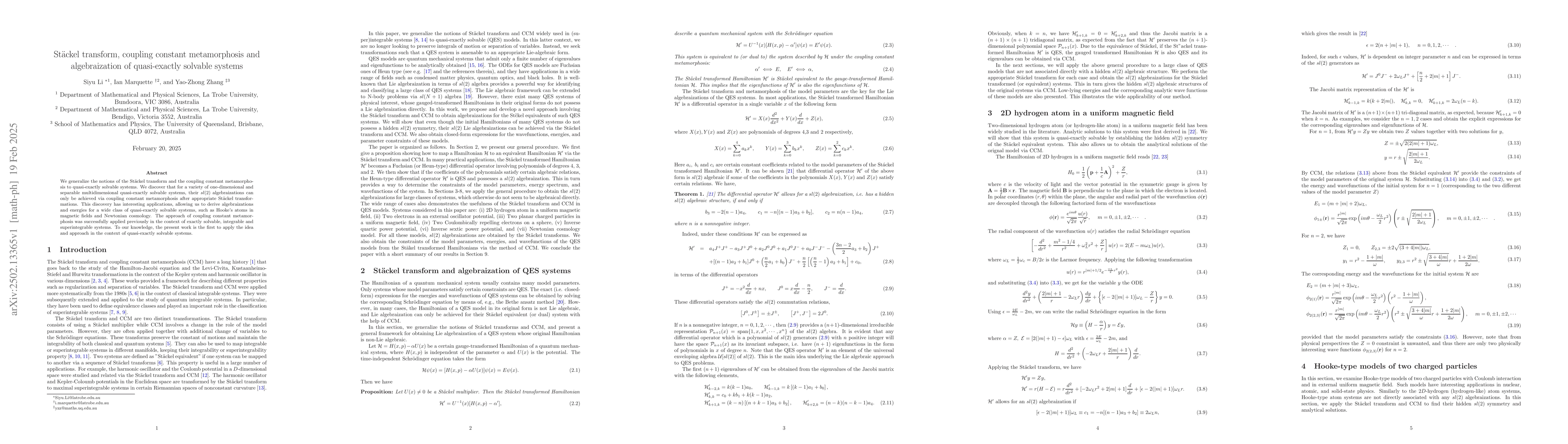Thumbnail for Stäckel transform, coupling constant metamorphosis and algebraization
  of quasi-exactly solvable systems