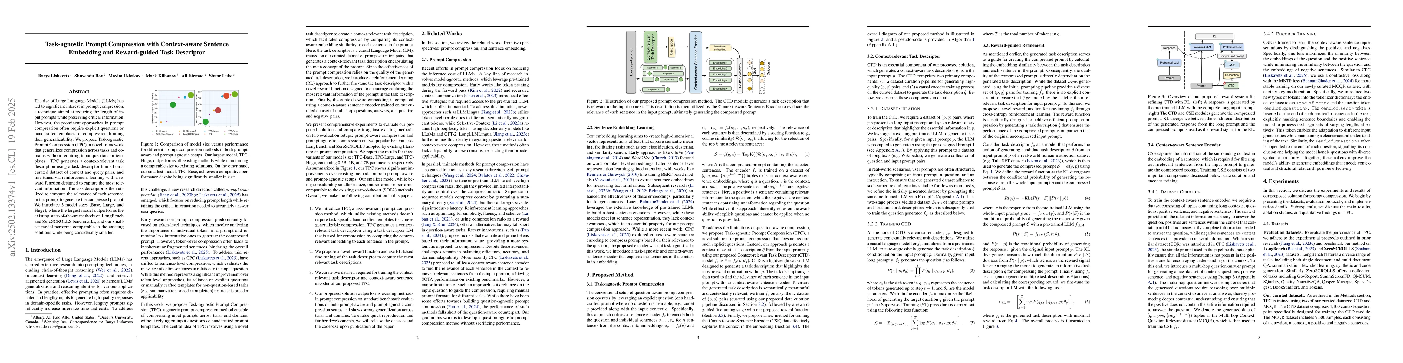 Thumbnail for Task-agnostic Prompt Compression with Context-aware Sentence Embedding
  and Reward-guided Task Descriptor