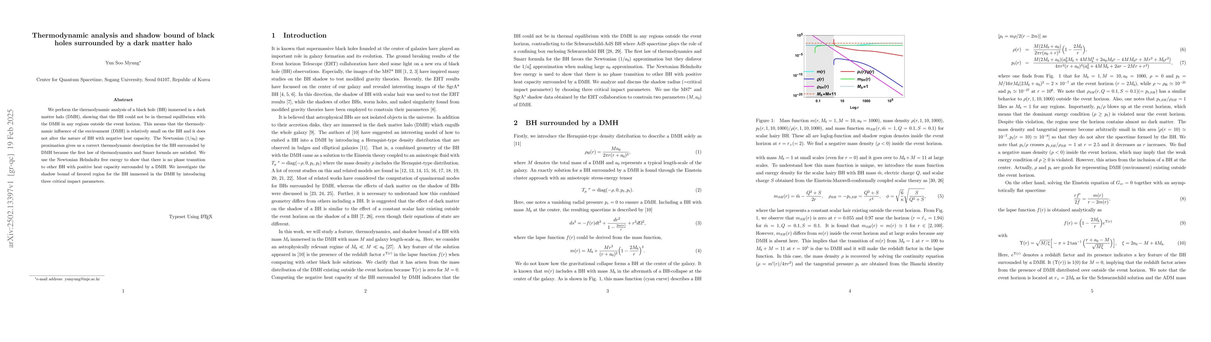 Thumbnail for Thermodynamic analysis and shadow bound of black holes surrounded by a
  dark matter halo