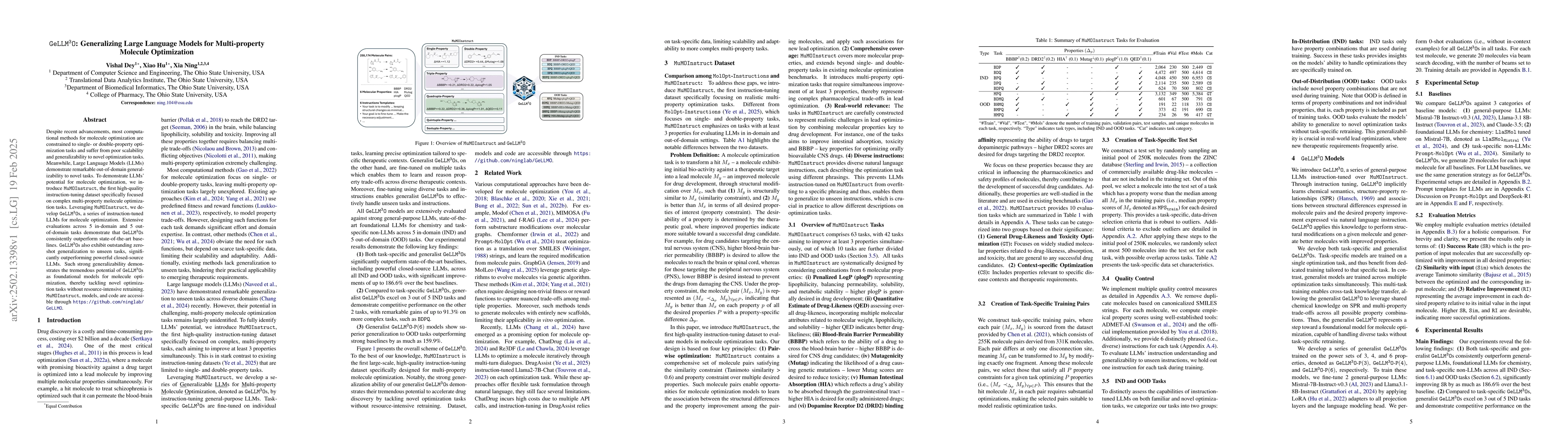 Thumbnail for $\mathtt{GeLLM^3O}$: Generalizing Large Language Models for
  Multi-property Molecule Optimization