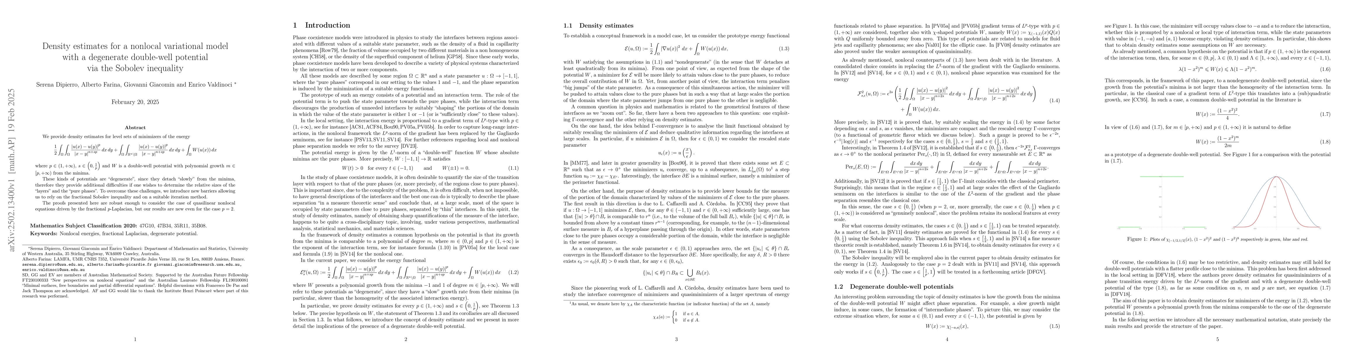 Thumbnail for Density estimates for a nonlocal variational model with a degenerate
  double-well potential via the Sobolev inequality
