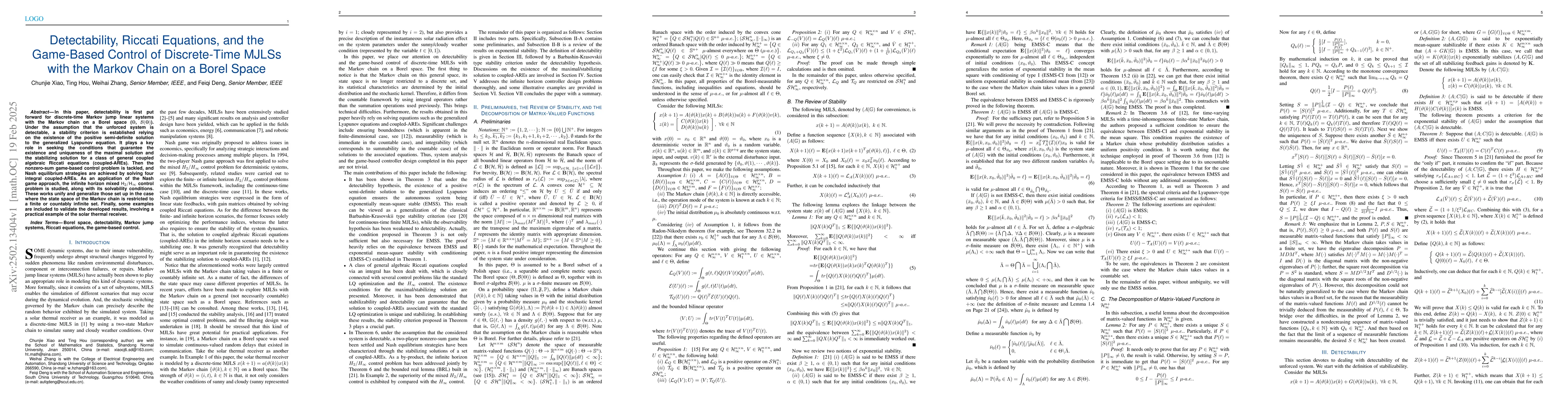 Thumbnail for Detectability, Riccati Equations, and the Game-Based Control of
  Discrete-Time MJLSs with the Markov Chain on a Borel Space