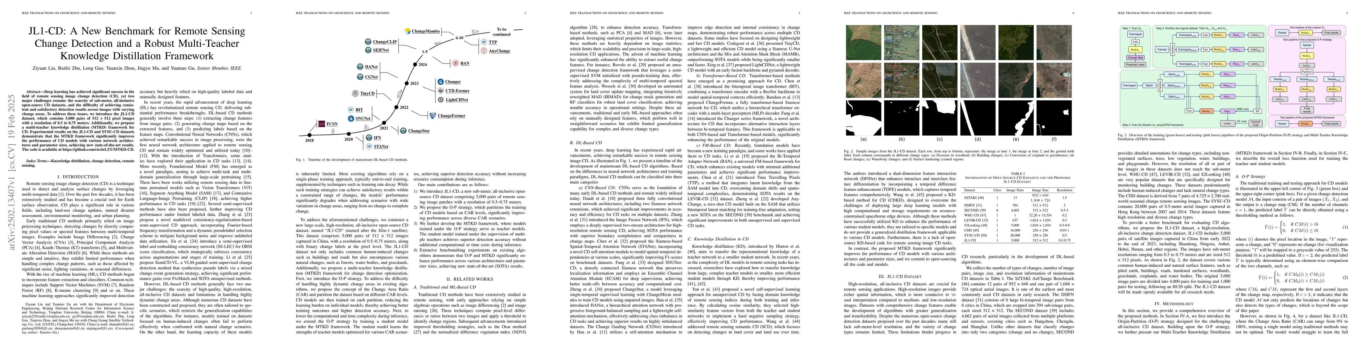 Thumbnail for JL1-CD: A New Benchmark for Remote Sensing Change Detection and a Robust
  Multi-Teacher Knowledge Distillation Framework