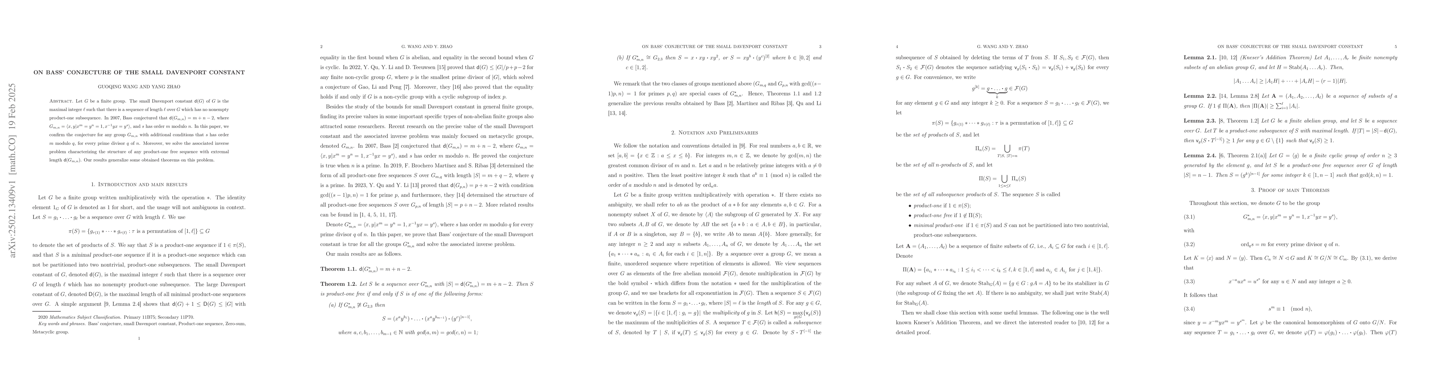 Thumbnail for On Bass' conjecture of the small Davenport constant