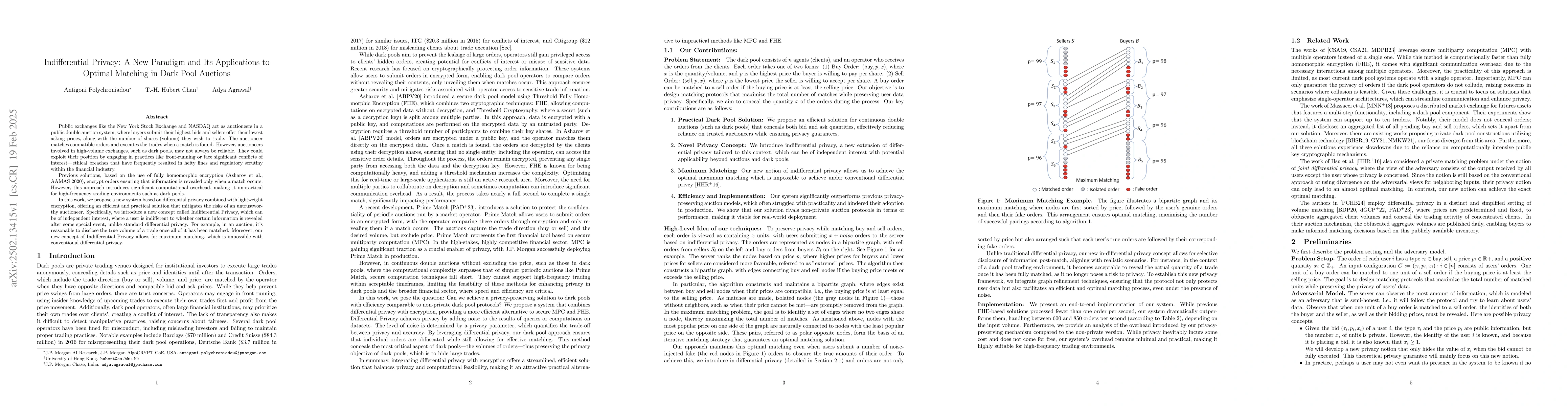 Thumbnail for Indifferential Privacy: A New Paradigm and Its Applications to Optimal
  Matching in Dark Pool Auctions