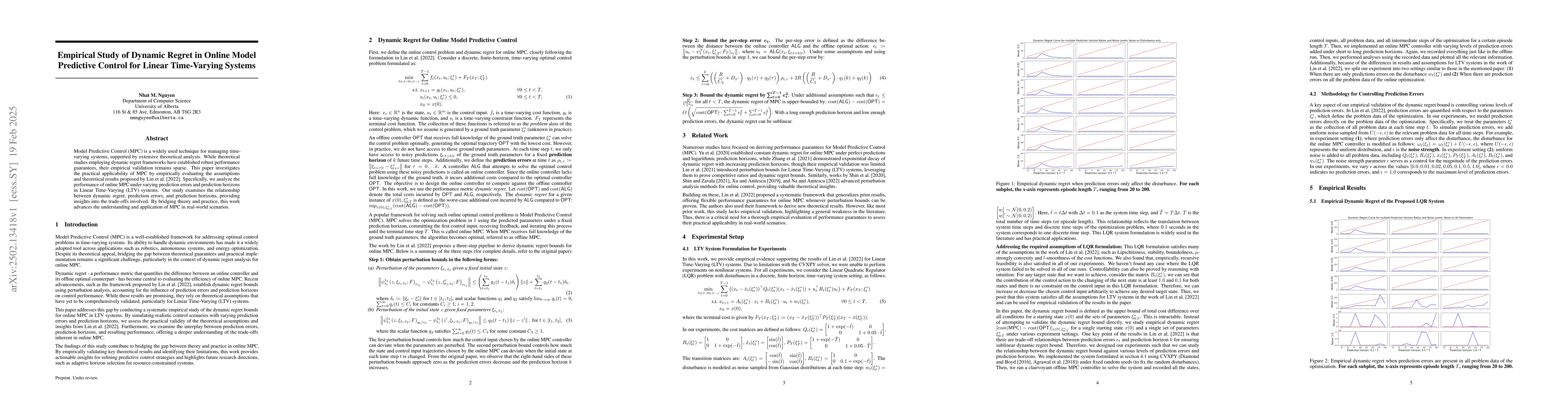 Thumbnail for Empirical Study of Dynamic Regret in Online Model Predictive Control for
  Linear Time-Varying Systems