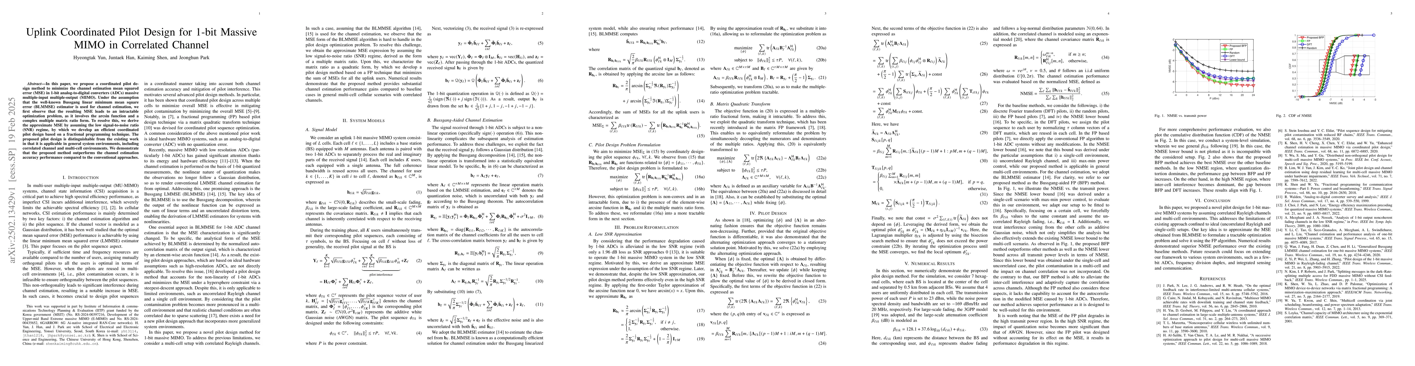 Thumbnail for Uplink Coordinated Pilot Design for 1-bit Massive MIMO in Correlated
  Channel