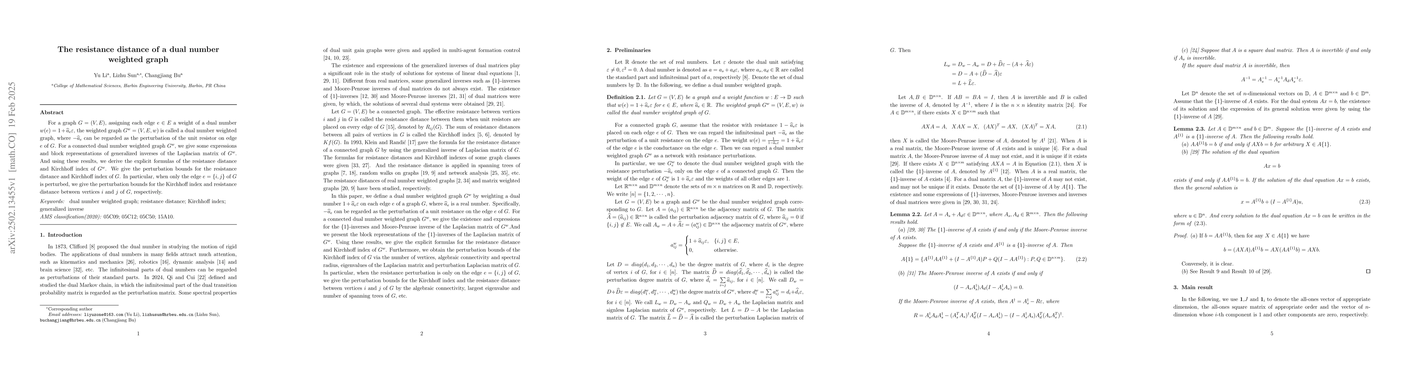 Thumbnail for The resistance distance of a dual number weighted graph
