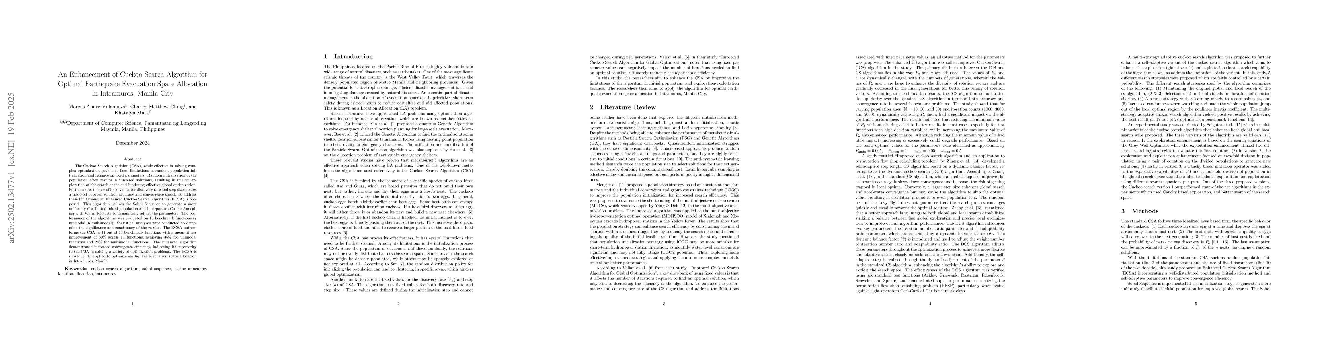 Thumbnail for An Enhancement of Cuckoo Search Algorithm for Optimal Earthquake
  Evacuation Space Allocation in Intramuros, Manila City