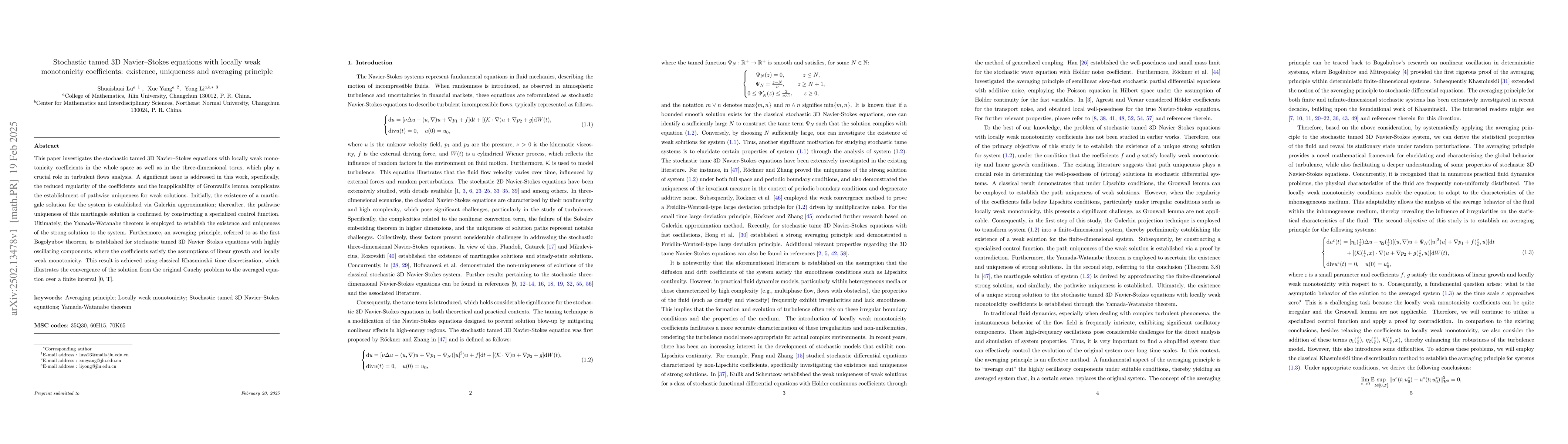Thumbnail for Stochastic tamed 3D Navier-Stokes equations with locally weak
  monotonicity coefficients: existence, uniqueness and averaging principle