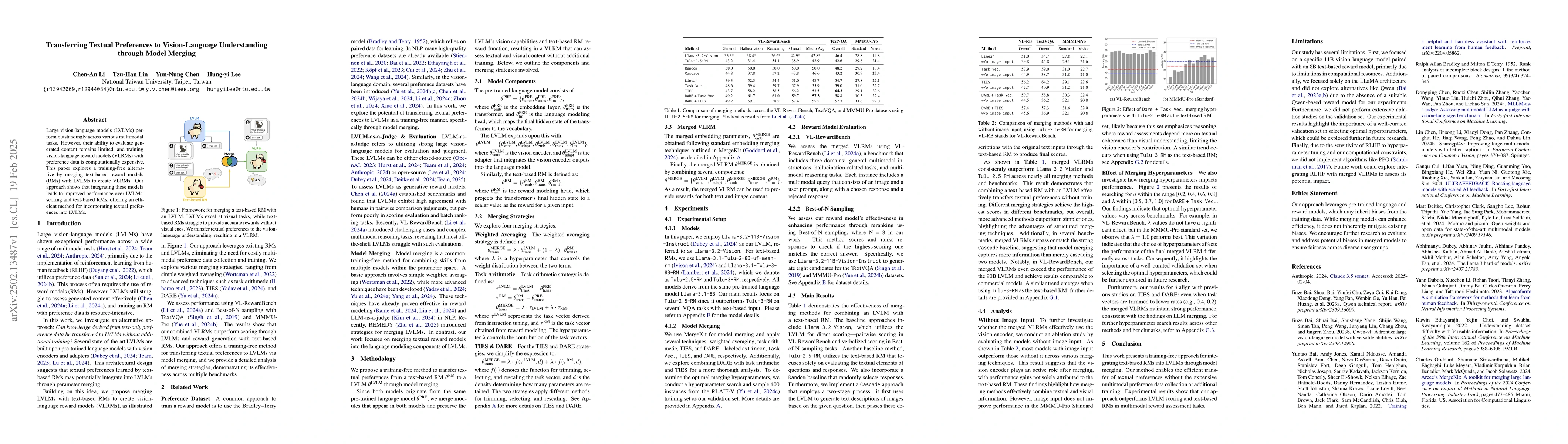 Thumbnail for Transferring Textual Preferences to Vision-Language Understanding
  through Model Merging