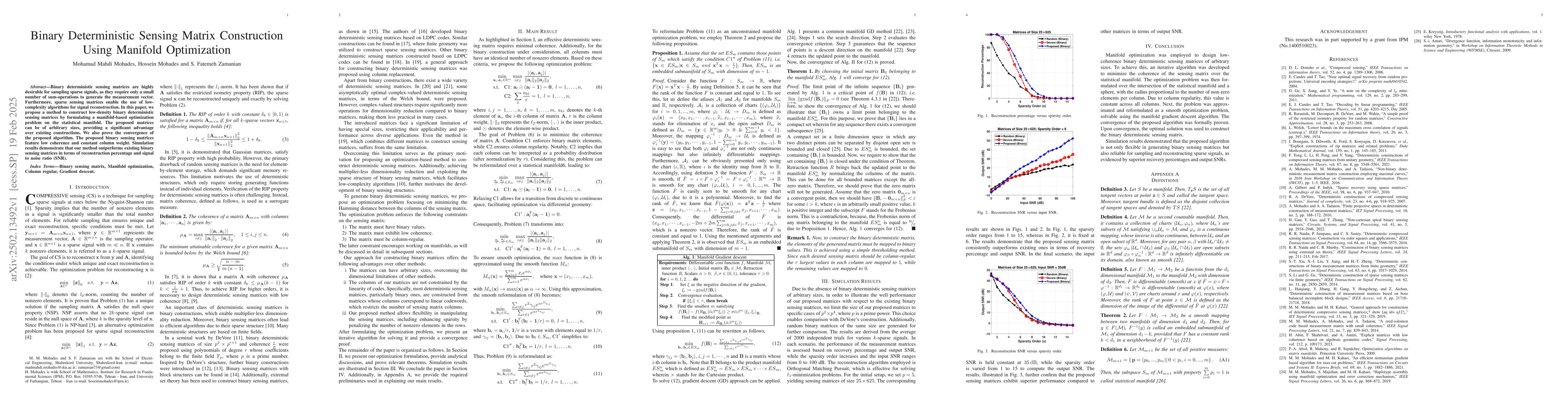 Thumbnail for Binary Deterministic Sensing Matrix Construction Using Manifold
  Optimization
