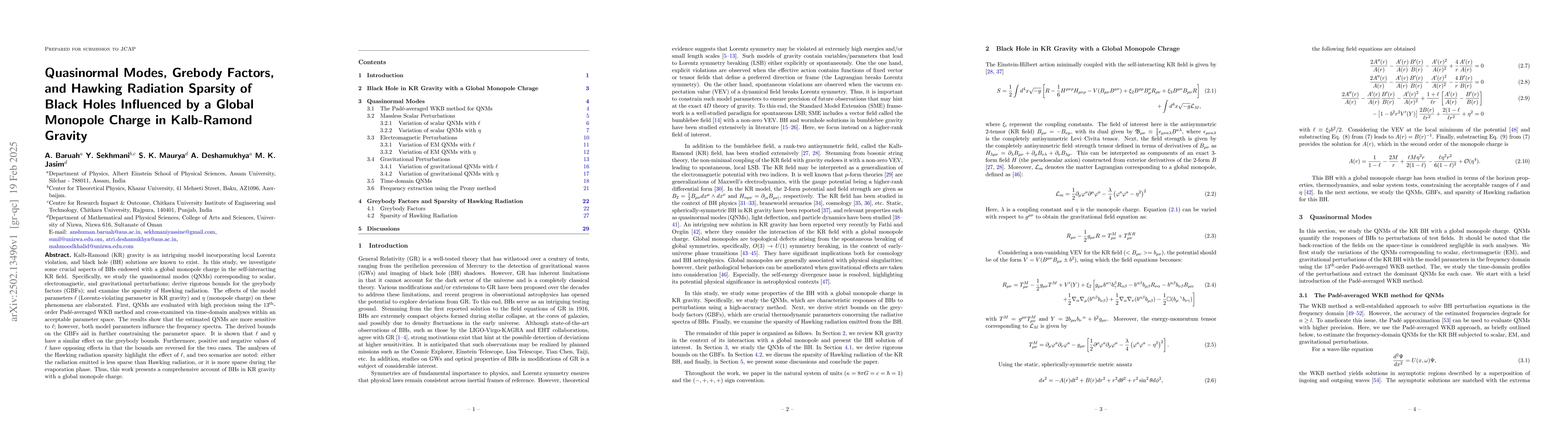 Thumbnail for Quasinormal Modes, Grebody Factors, and Hawking Radiation Sparsity of
  Black Holes Influenced by a Global Monopole Charge in Kalb-Ramond Gravity