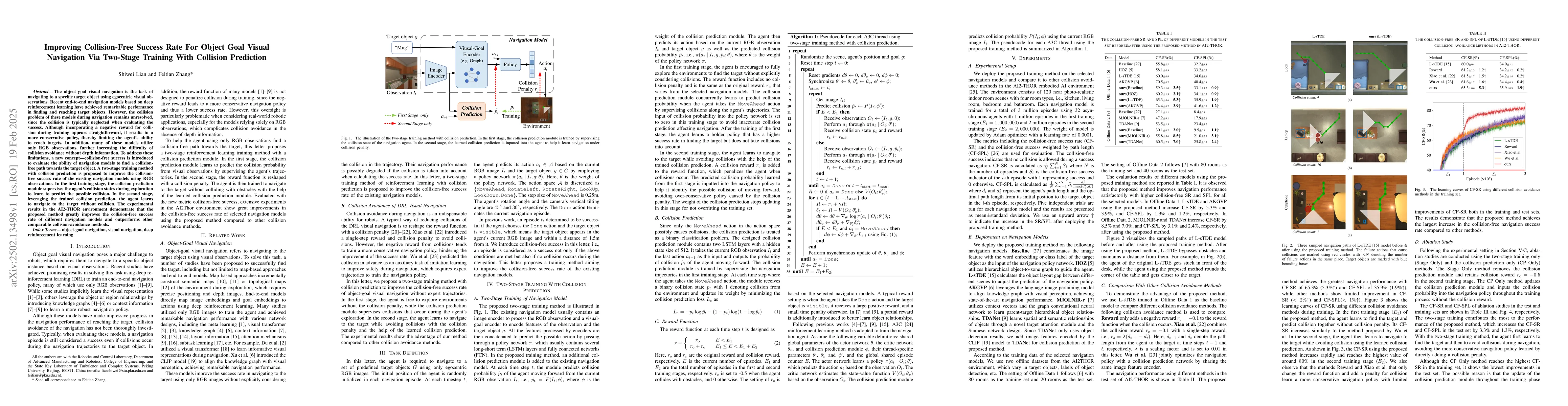 Thumbnail for Improving Collision-Free Success Rate For Object Goal Visual Navigation
  Via Two-Stage Training With Collision Prediction